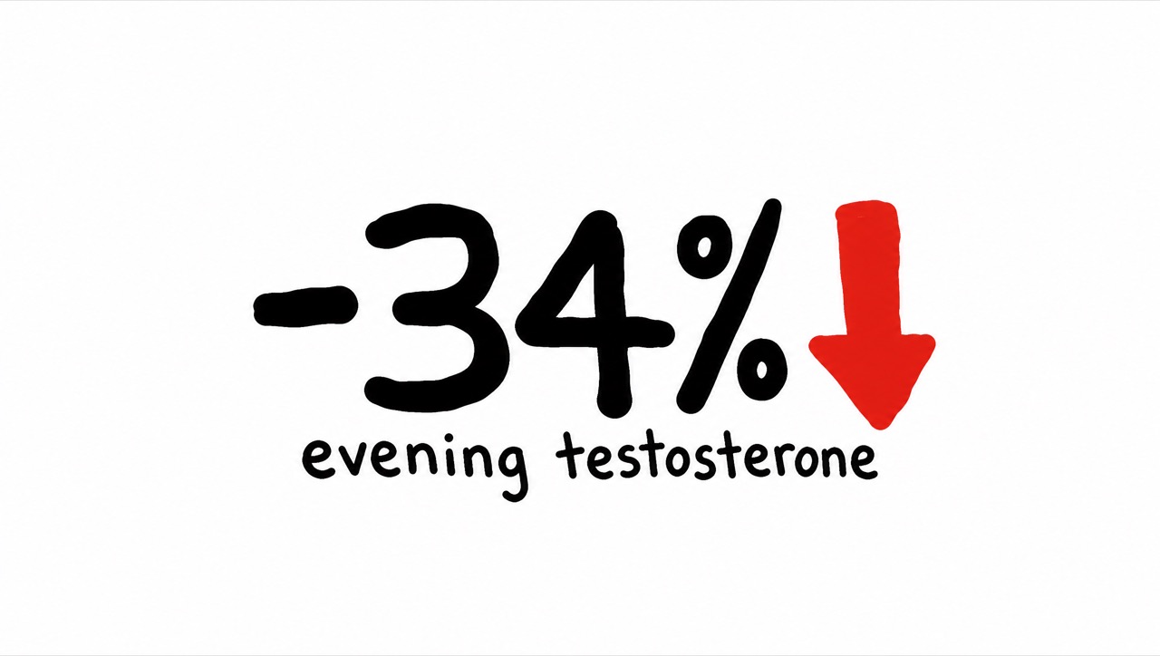 A big hand-drawn minus 34 percent with a red arrow crashing down, labelled evening testosterone