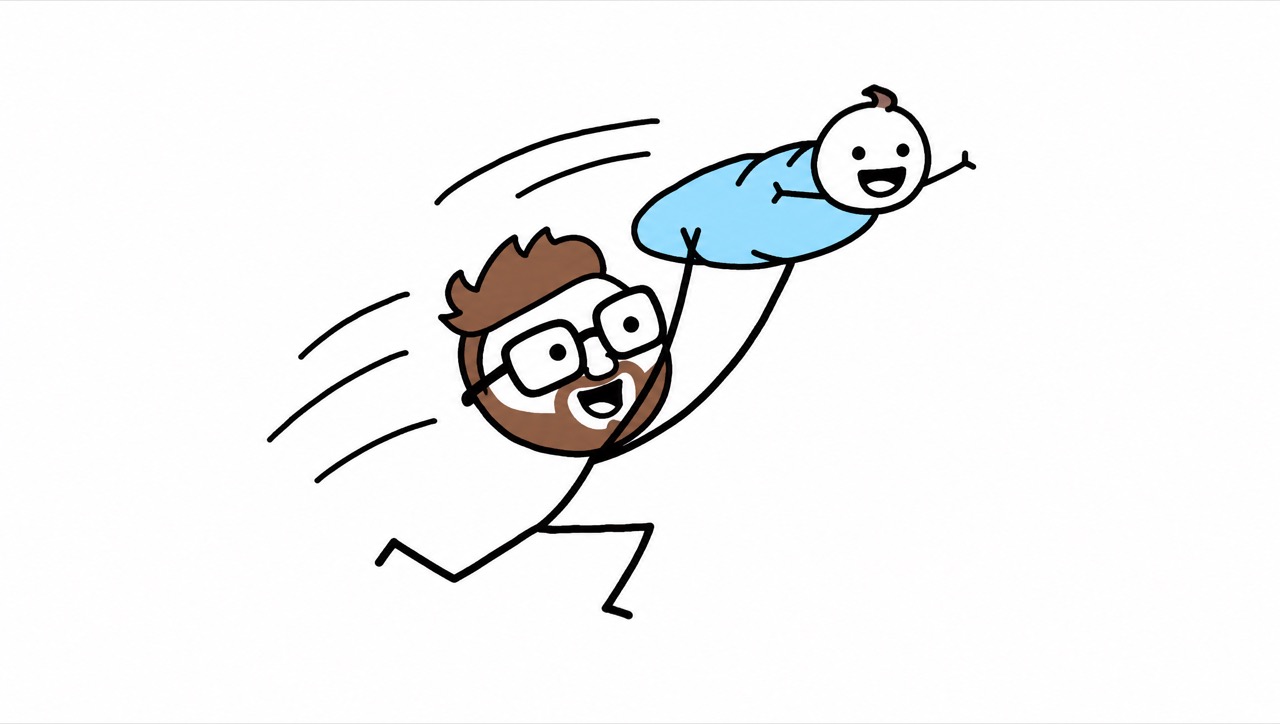 Norbo flying his baby overhead like an airplane, both laughing