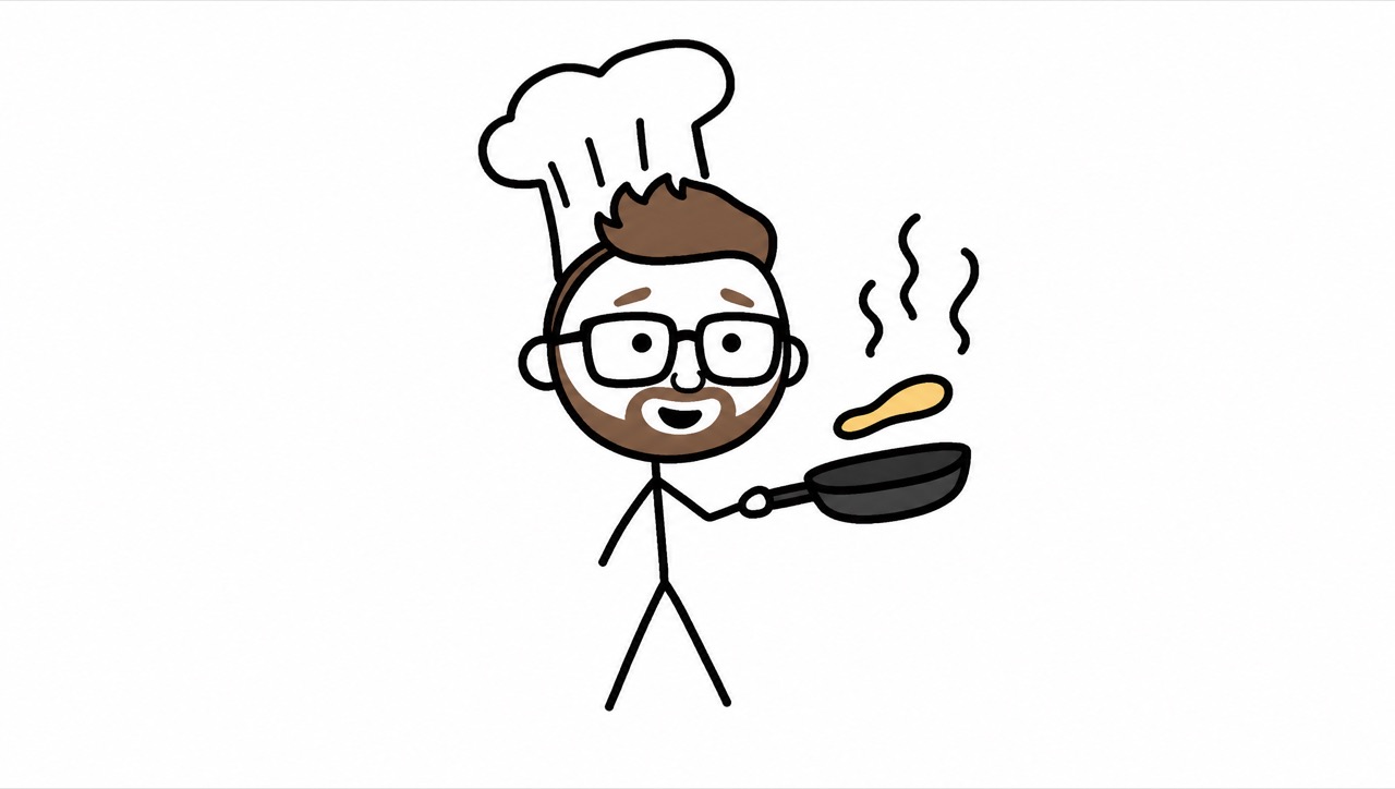 Norbo in a chef hat happily cooking, steam swirling from the pan