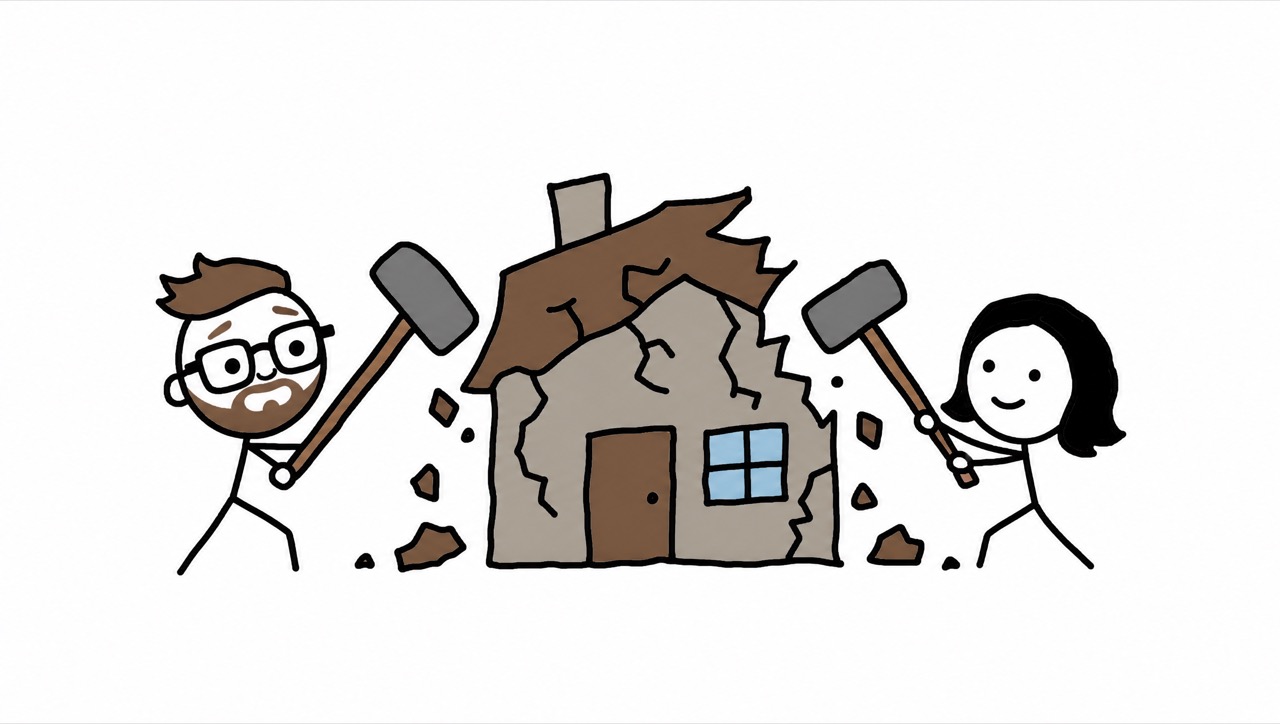 Norbo and his wife cheerfully swinging hammers at their old cracked house