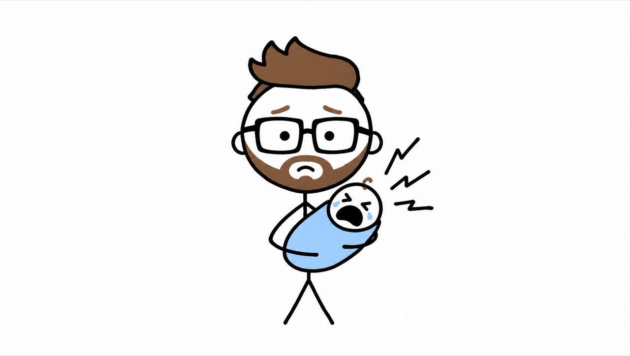 Norbo holding a loudly crying baby, jagged sound lines bursting out, his face lost