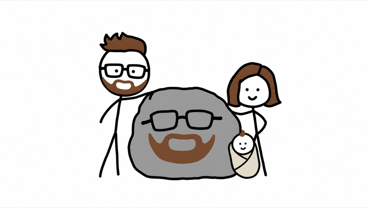 A grey boulder with Norbo's glasses and beard drawn on it, a partner and baby leaning against it