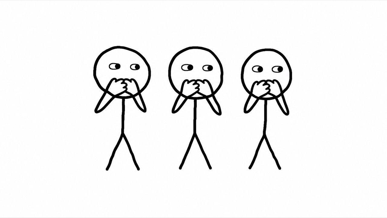 Three stick-figure dads in a row, each covering his mouth with both hands