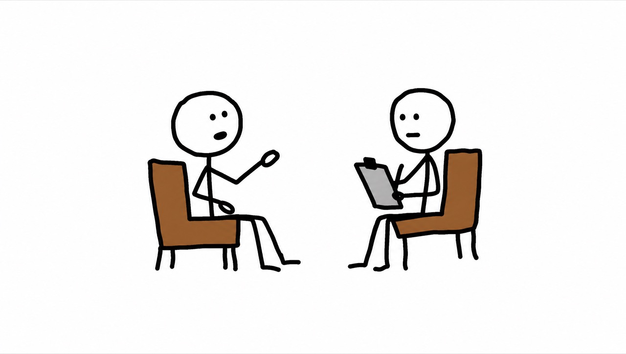 A stick figure sitting and talking with a therapist holding a clipboard