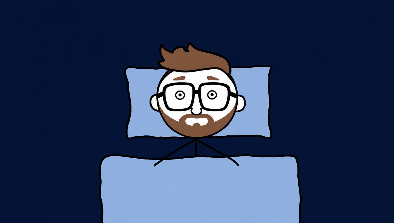 Norbo lying in bed in the dark with his eyes wide open