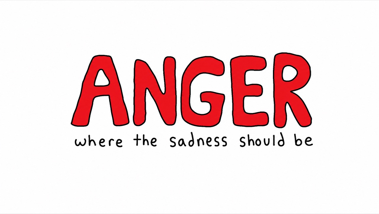 A big red hand-drawn word ANGER above the words where the sadness should be