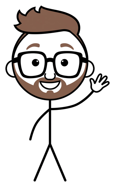 Norbo, a crayon stick figure with glasses, waving hello